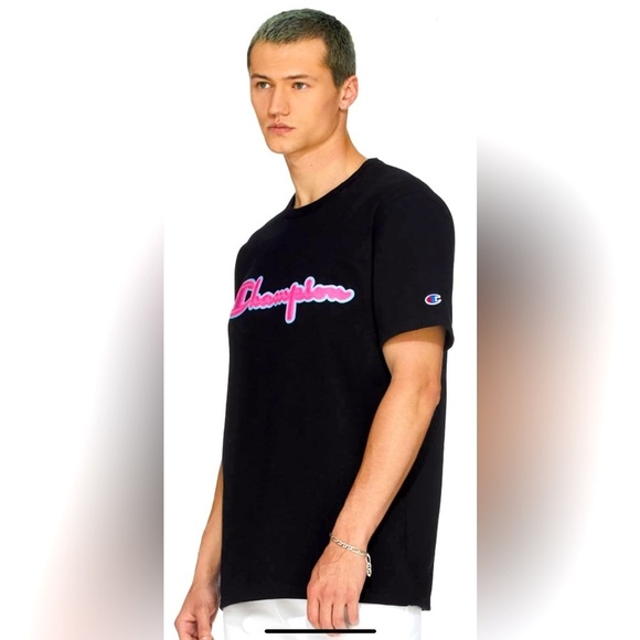 NWOT/ Champion  Heritage Chainstitch Logo T-Shirt/black, pink, baby blue script - Picture 2 of 4